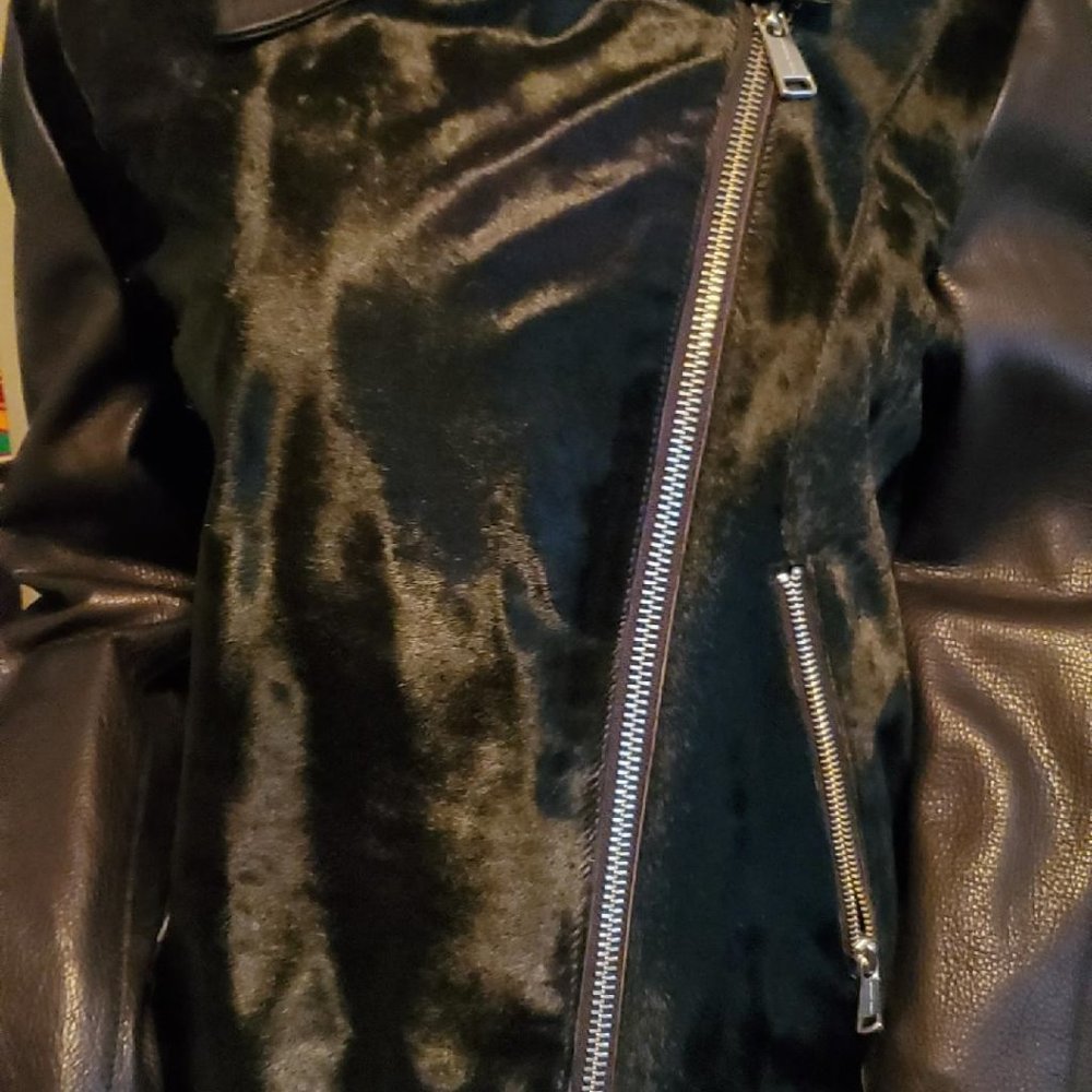 black leather and fur skin waist jacket